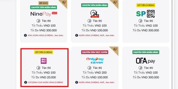 Nạp tiền PG88 qua ví Momo bước 1