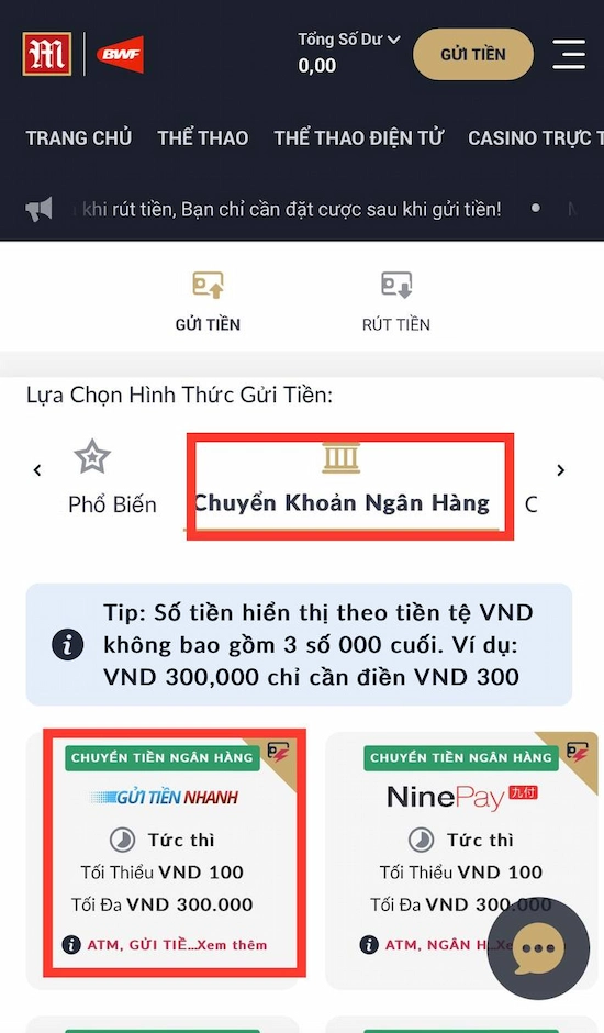 Nạp tiền PG88 chuyển khoản ngân hàng Bước 2