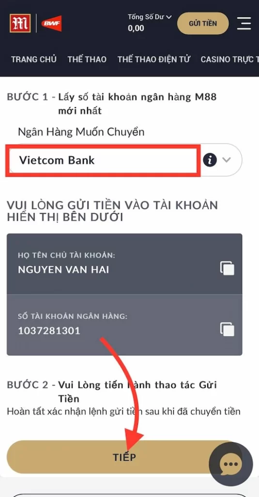 Nạp tiền PG88 chuyển khoản ngân hàng bước 5